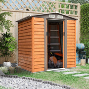 Brown wood grain 6x5ft metal garden shed in a garden with the sliding doors open, showing a ladder and mower stored inside