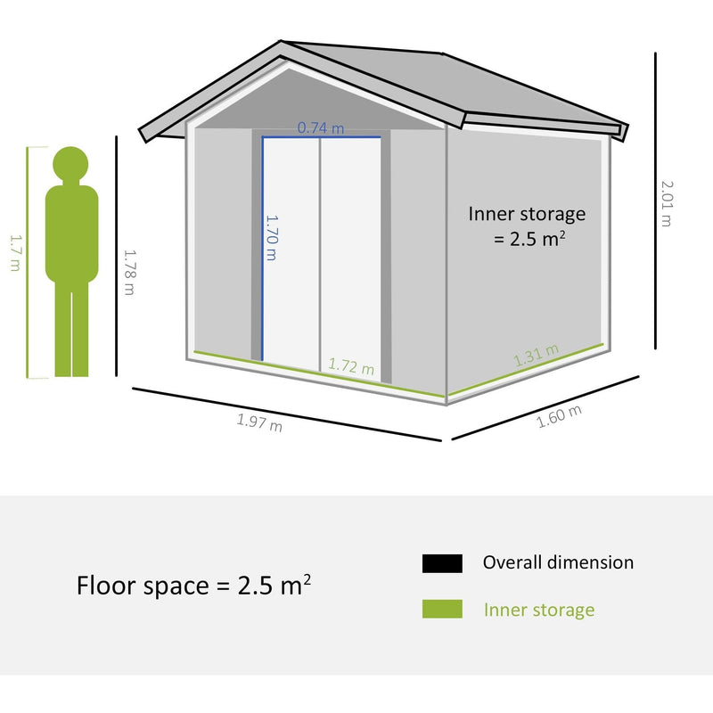 Dimension diagram of the 6x5ft metal shed showing 1.97m width, 1.60m depth, 2.01m height and a 0.74 by 1.70m doorway