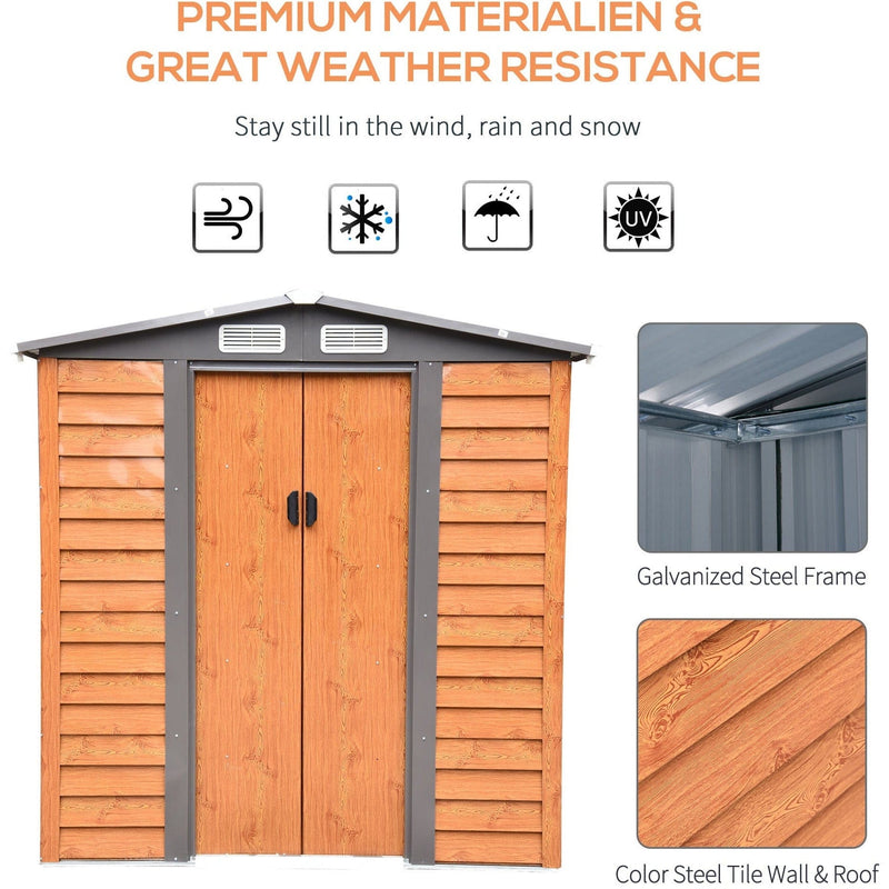 Wind, snow, rain and UV resistance icons above close-ups of the galvanised steel frame and wood grain steel wall panel
