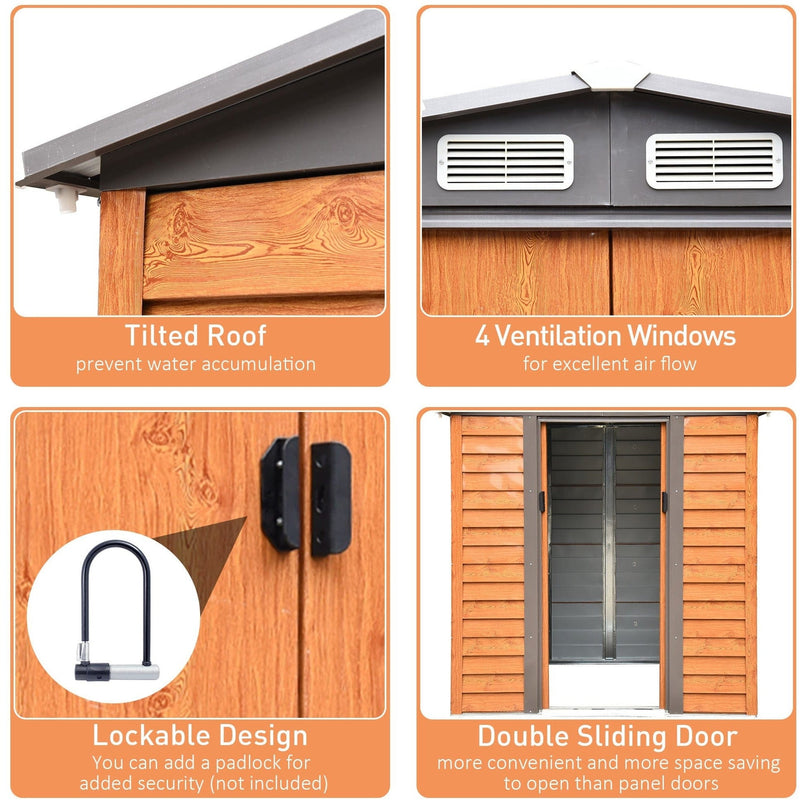 Four feature close-ups of the metal shed: sloped roof edge, four louvre vents, padlock hasp handles and double sliding doors