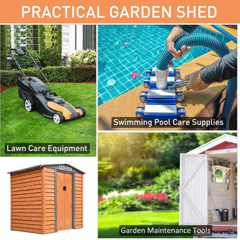 What the garden shed can store, shown as a lawn mower, pool cleaning kit and garden maintenance tools