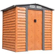 Front studio view of the 6x5ft brown metal garden shed with closed sliding doors and a grey apex roof