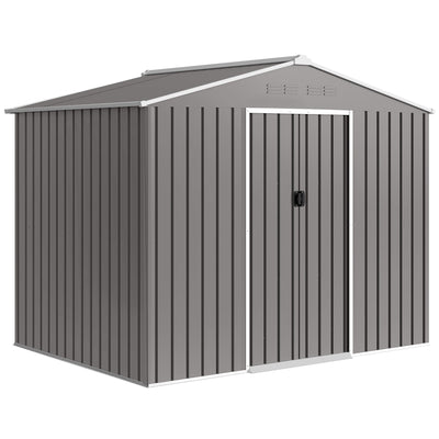 Light grey 8x6ft Outsunny metal garden shed with closed double sliding doors, studio angle view