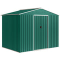 Green 8x6ft Outsunny metal garden shed with closed double sliding doors, studio angle view
