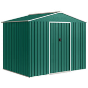 Green 8x6ft Outsunny metal garden shed with closed double sliding doors, studio angle view