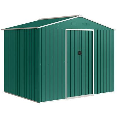 Green 8x6ft Outsunny metal garden shed with closed double sliding doors, studio angle view