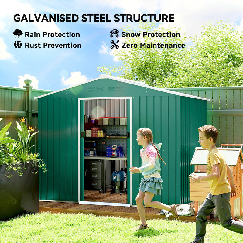 Children running past the green metal shed, galvanised steel rain, snow and rust protection panel