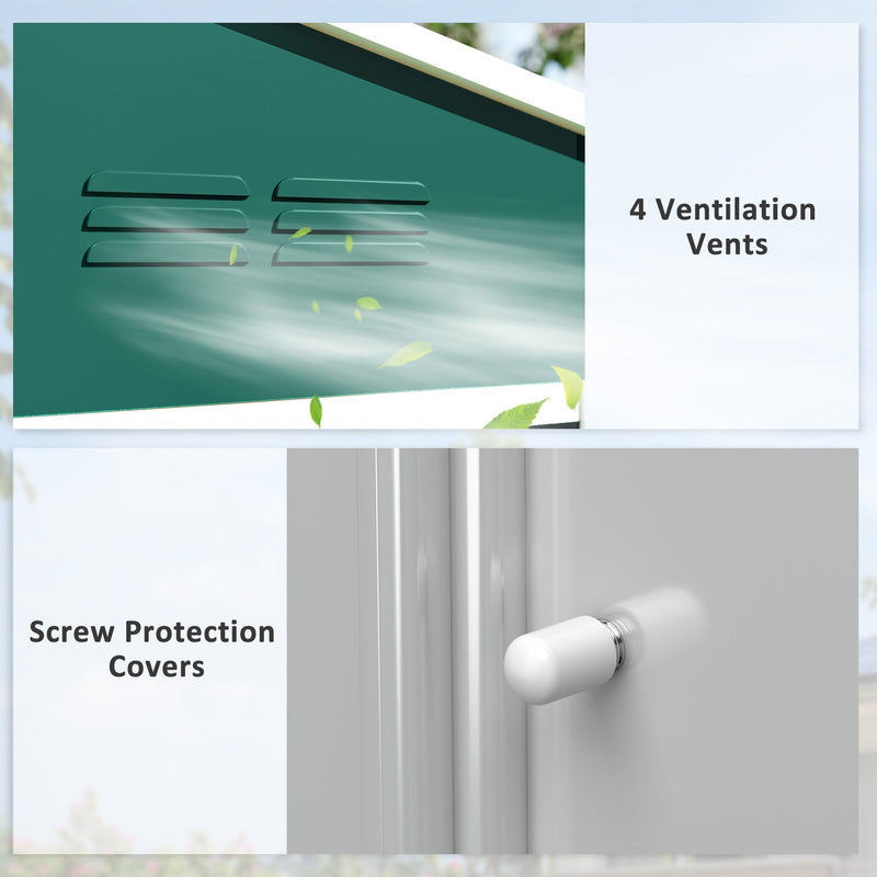 Close-up of the green shed's four gable ventilation vents and white screw protection covers