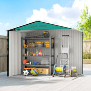 Cutaway interior view of the shed with shelving, a step ladder and a hose reel inside