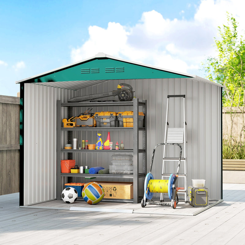 Cutaway interior view of the shed with shelving, a step ladder and a hose reel inside