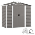 Outsunny 7x4ft light grey metal garden shed with the double sliding doors closed, shown with the supplied padlock and gloves
