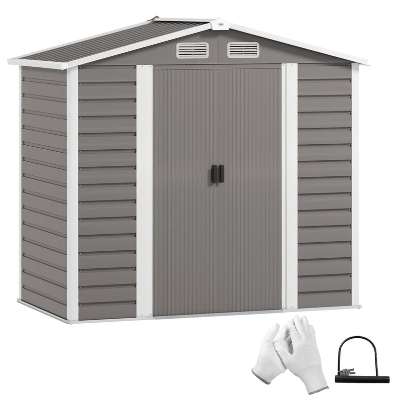 Outsunny 7x4ft light grey metal garden shed with the double sliding doors closed, shown with the supplied padlock and gloves