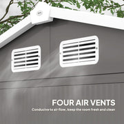 Close-up of the light grey shed's apex roof ridge cap and two white louvred air vents