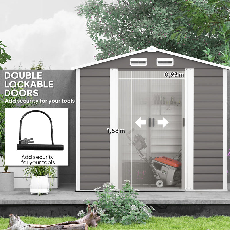 Light grey shed front labelled double lockable doors, with the 0.93m wide by 1.58m high sliding opening and arrows showing the doors slide sideways