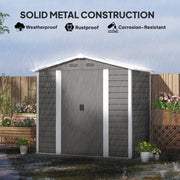 Light grey metal shed in heavy rain, showing the weatherproof, rustproof and corrosion-resistant steel panels