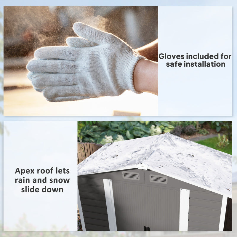 Assembly gloves included, alongside the apex roof shown letting rain and snow slide off