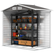 Cut-away view inside the light grey 7x4ft shed showing the open steel base frame and full internal height