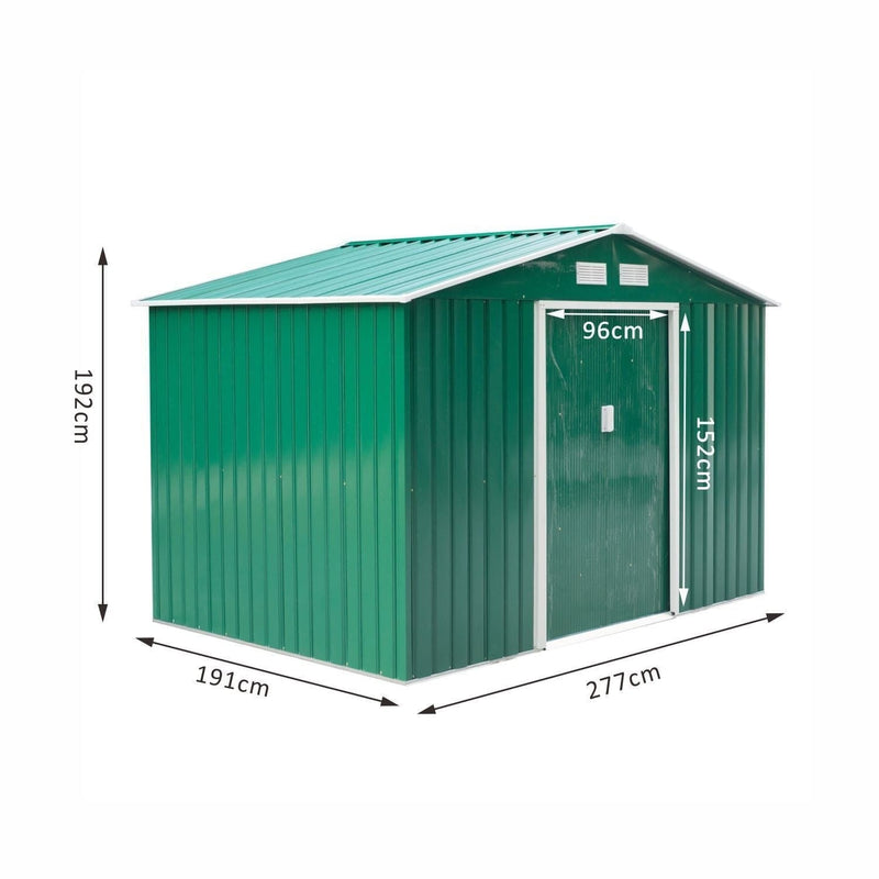 Green colourway of the 9x6 metal shed with dimension arrows marking the width, height and 96 x 152 cm door opening
