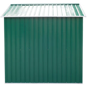 Side elevation of the green metal shed showing the full length ribbed wall and roof panels