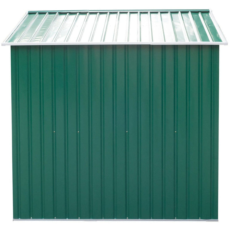 Side elevation of the green metal shed showing the full length ribbed wall and roof panels
