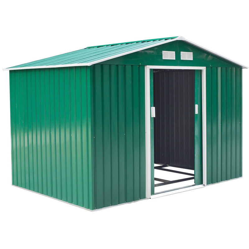 Green shed at an angle with one sliding door open, revealing the steel floor frame inside
