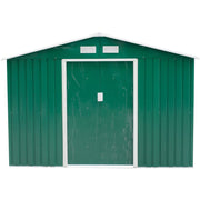 Front elevation of the green shed with both sliding doors closed and two gable vents above