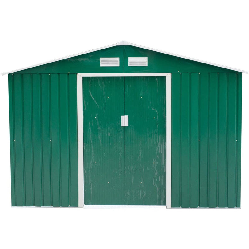 Front elevation of the green shed with both sliding doors closed and two gable vents above