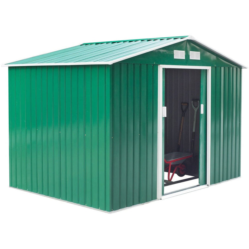 Green shed viewed from the side with the door open and a spade standing inside