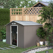 Grey metal garden shed in a planted garden with the sliding door open and tools inside
