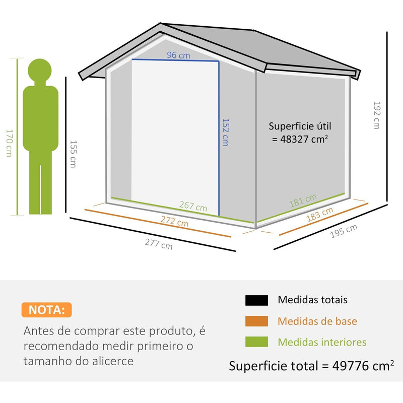 Portuguese dimension diagram: 277 x 195 x 192 cm total, 272 x 183 cm base, 267 x 181 cm interior, 48327 sq cm usable floor