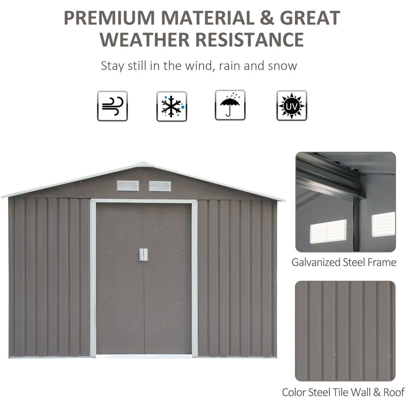 Weather resistance panel for the grey shed with galvanised steel frame and colour steel wall and roof insets