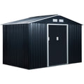 Dark grey 9x6ft Outsunny metal garden shed with apex roof and closed double sliding doors, angled studio view