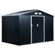 Dark grey 9x6ft Outsunny metal garden shed with apex roof and closed double sliding doors, angled studio view