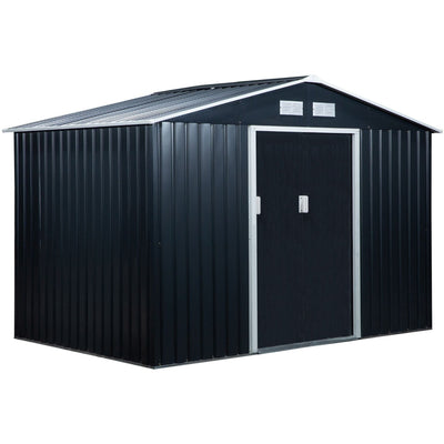 Dark grey 9x6ft Outsunny metal garden shed with apex roof and closed double sliding doors, angled studio view