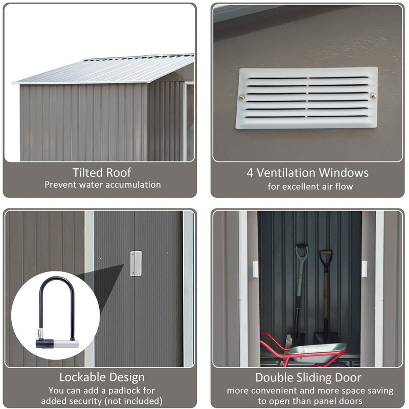 Four feature panels on the grey shed: pitched roof, louvred vent, padlock-ready handle and double sliding door