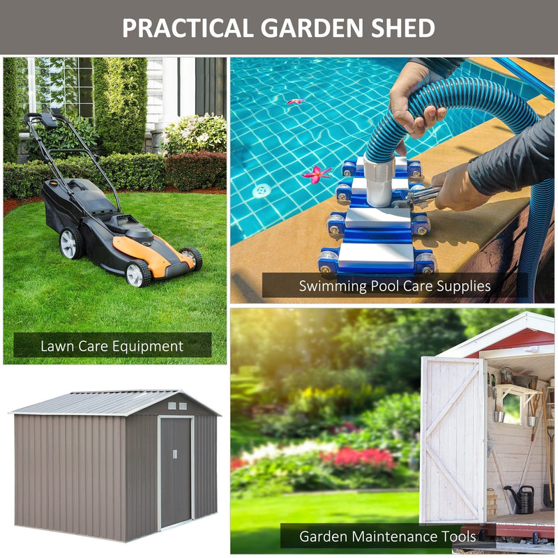 Uses collage for the grey shed: lawn care equipment, swimming pool supplies and garden maintenance tools