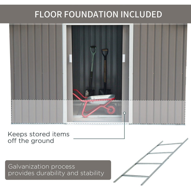 Cutaway of the grey shed showing the galvanised steel foundation frame that keeps contents off the ground