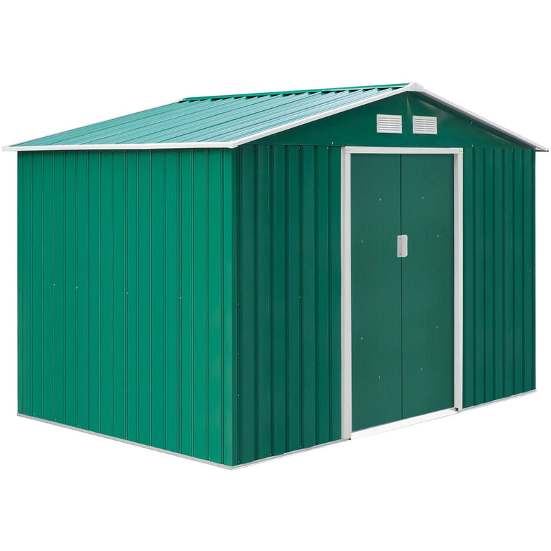 Green metal shed from the rear corner showing the ribbed side wall and closed doors