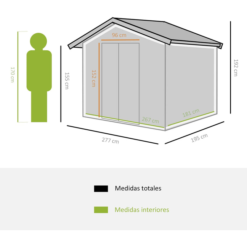 Spanish dimension diagram: 277 x 195 x 192 cm total and 267 x 181 cm interior, with a 170 cm figure for scale