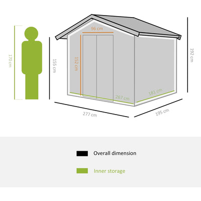 Dimension diagram: 277 x 195 x 192 cm overall, 267 x 181 cm inner storage and a 96 x 152 cm door opening