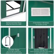 Four feature panels on the green shed: galvanised steel base, louvred vent, padlock-ready handle and sliding doors