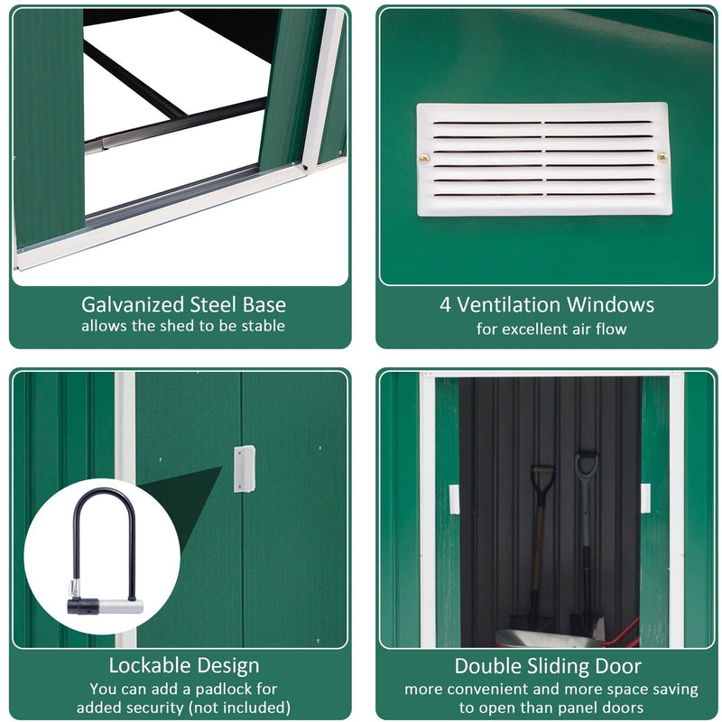 Four feature panels on the green shed: galvanised steel base, louvred vent, padlock-ready handle and sliding doors