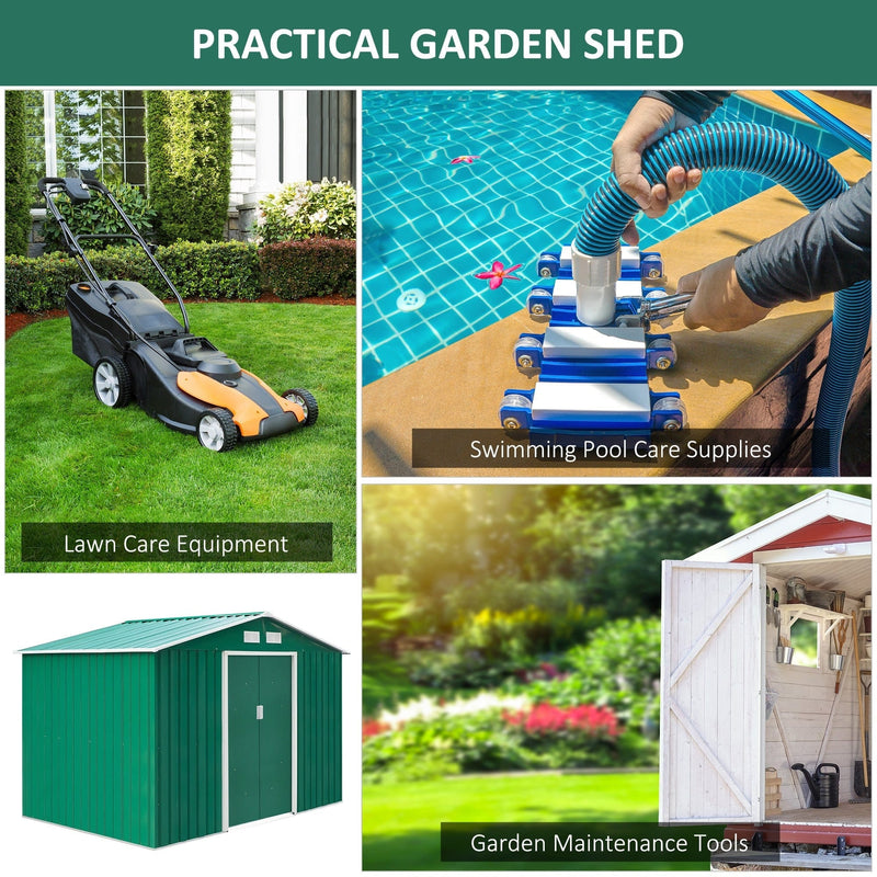 Uses collage for the green shed: lawn care equipment, swimming pool supplies and garden maintenance tools