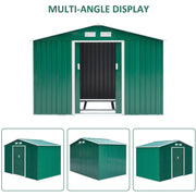 Multi-angle display of the green shed with doors open, plus three smaller views from other angles