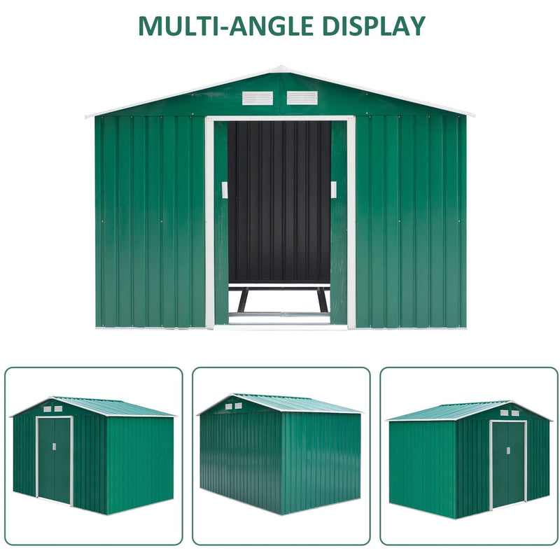 Multi-angle display of the green shed with doors open, plus three smaller views from other angles
