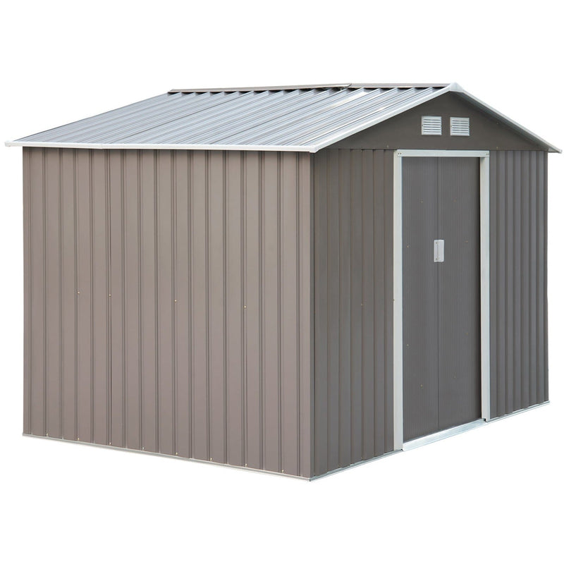 Grey metal garden shed with apex roof and closed sliding doors, angled studio view