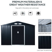 Weather resistance panel for the dark grey shed with galvanised steel frame and colour steel wall and roof close-ups