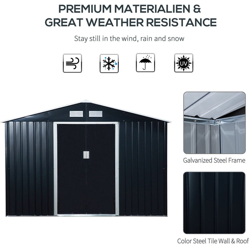 Weather resistance panel for the dark grey shed with galvanised steel frame and colour steel wall and roof close-ups