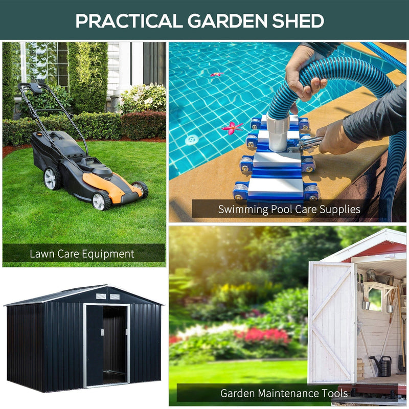 Uses collage for the dark grey shed: lawn care equipment, swimming pool supplies and garden maintenance tools