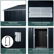 Four feature panels on the dark grey shed: pitched roof, 4 ventilation vents, padlock-ready handle and double sliding door